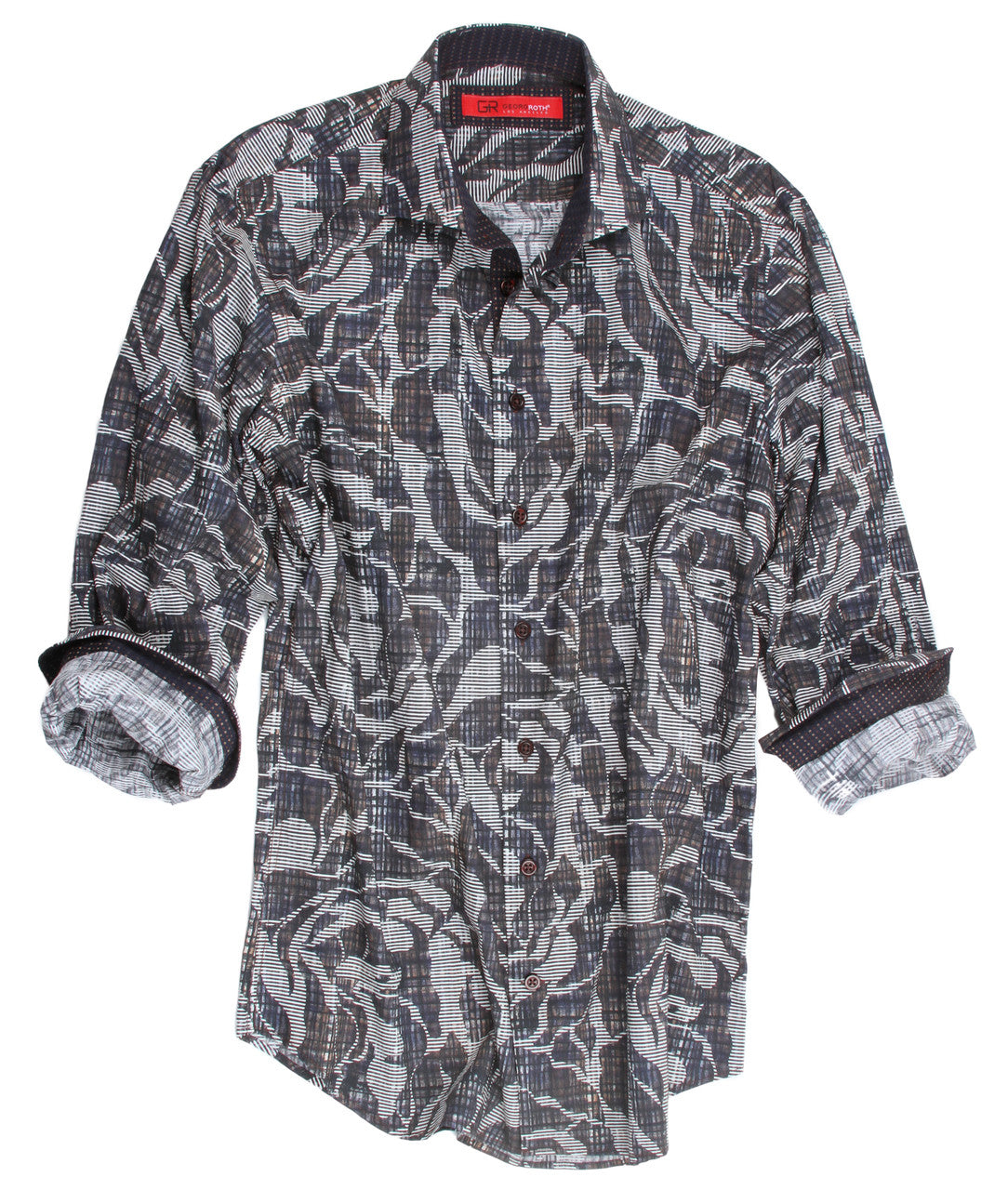 This rich and elegant print is created with our love of rich autumn tones of browns, grey and taupe. Detailed just right with a woven chocolate mini tone on tone pattern inside the collar stand and cuffs. For casual fun wear it out with the Georg Roth roll of the cuffs or dress it up with a great sport coat or brown leather jacket.
100% Cotton