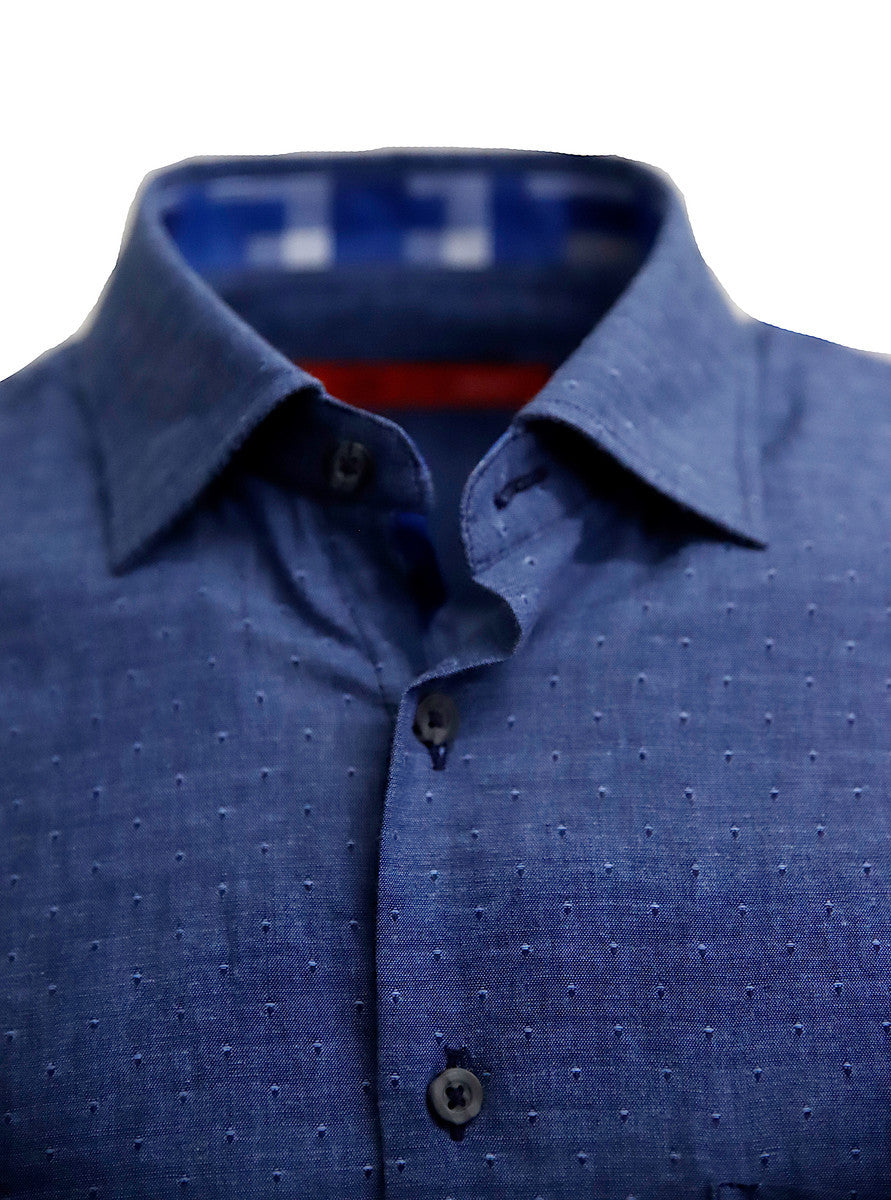 Super soft Pima Cotton in a rich denim blue with a mini tone on tone pattern. For business, casual or dress this shirt is so versatile, if rolling the sleeves or under a jacket, you will enjoy the many compliments! Detailed with a cool pattern in blues and grays inside the collar stand and cuffs along with a very small piping inside the front placket.
Soft Collar with hidden button down detail for the perfect shape
100% Cotton
1 Breast pocket
Machine wash cold hang to dry or dry clean