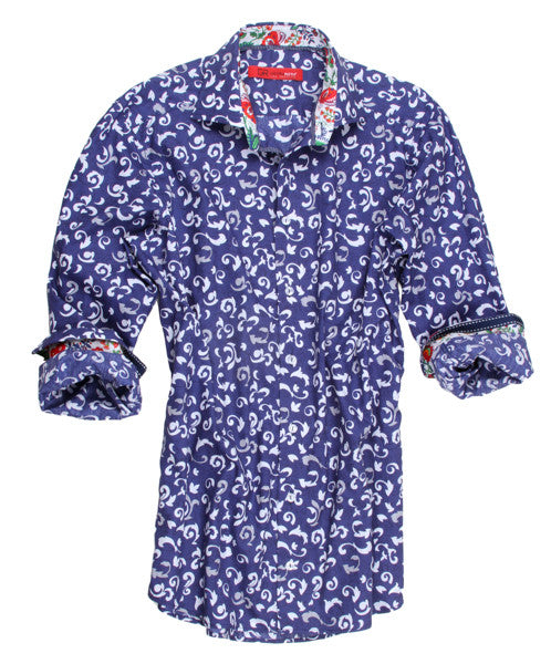 What a "keeper"!! A clean &amp; crisp pattern in 100% cotton for the warm days coming up. The navy and white print is enhanced by a touch of blue, red and green inside the collar and cuffs. While wearing your shirt with the Georg Roth roll of the cuffs, you will appreciate the detail of the blue &amp; white trim on the cuff edges. 
100% Cotton