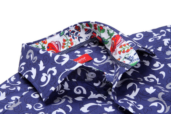 What a "keeper"!! A clean &amp; crisp pattern in 100% cotton for the warm days coming up. The navy and white print is enhanced by a touch of blue, red and green inside the collar and cuffs. While wearing your shirt with the Georg Roth roll of the cuffs, you will appreciate the detail of the blue &amp; white trim on the cuff edges. 
100% Cotton
