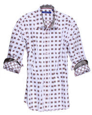 Indulge yourself in this handsome Georg Roth original design. 
Beautifully fashioned in a fine imported European 100% cotton it is an outstanding style for any wardrobe. 
A small pattern of Black and Red on a White ground, it is enhanced with a Black companion fabric on the collar stand and cuffs when worn rolled up. 

For fashion, style and fun you will thoroughly enjoy this very beautiful shirt.

100% Cotton Men&