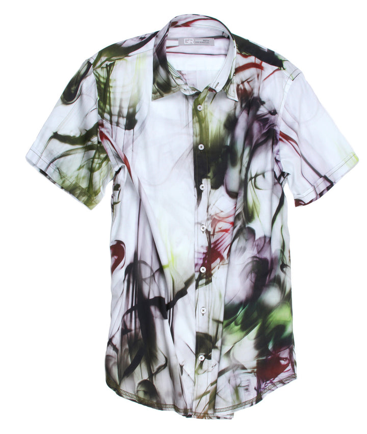 Our wonderful, asymmetric print!  
An explosion of colors bursting out of a white ground .....tones of olive, wine, purple and charcoal in short sleeves.
These colors are gorgeous together. 
The perfect Georg Roth style and fit, and as always paying attention to detail makes this the stunning hit that it is.
100% Cotton.
Short Sleeves Men&