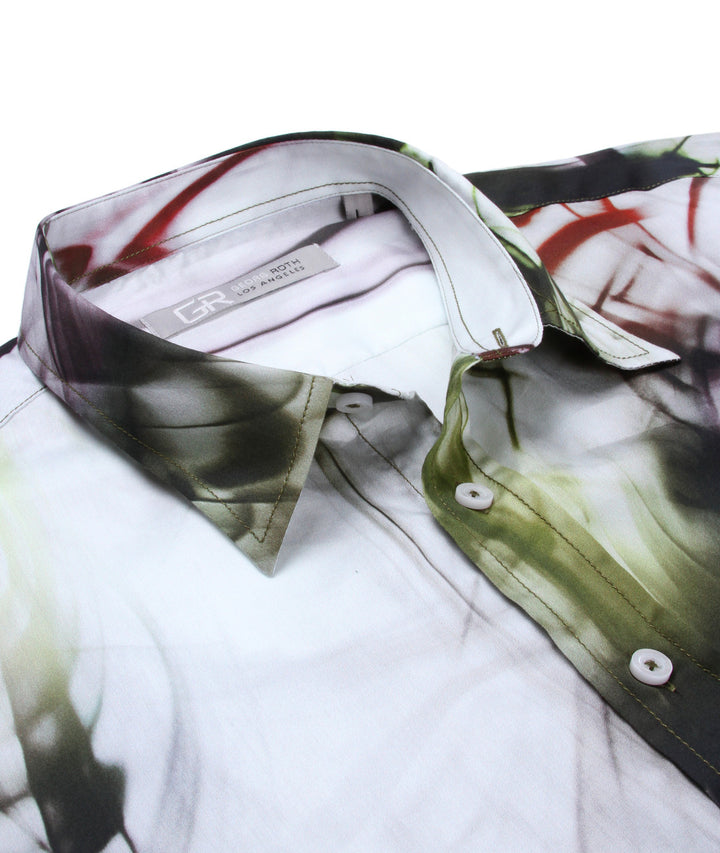 Our wonderful, asymmetric print!  
An explosion of colors bursting out of a white ground .....tones of olive, wine, purple and charcoal in short sleeves.
These colors are gorgeous together. 
The perfect Georg Roth style and fit, and as always paying attention to detail makes this the stunning hit that it is.
100% Cotton.
Short Sleeves Men&