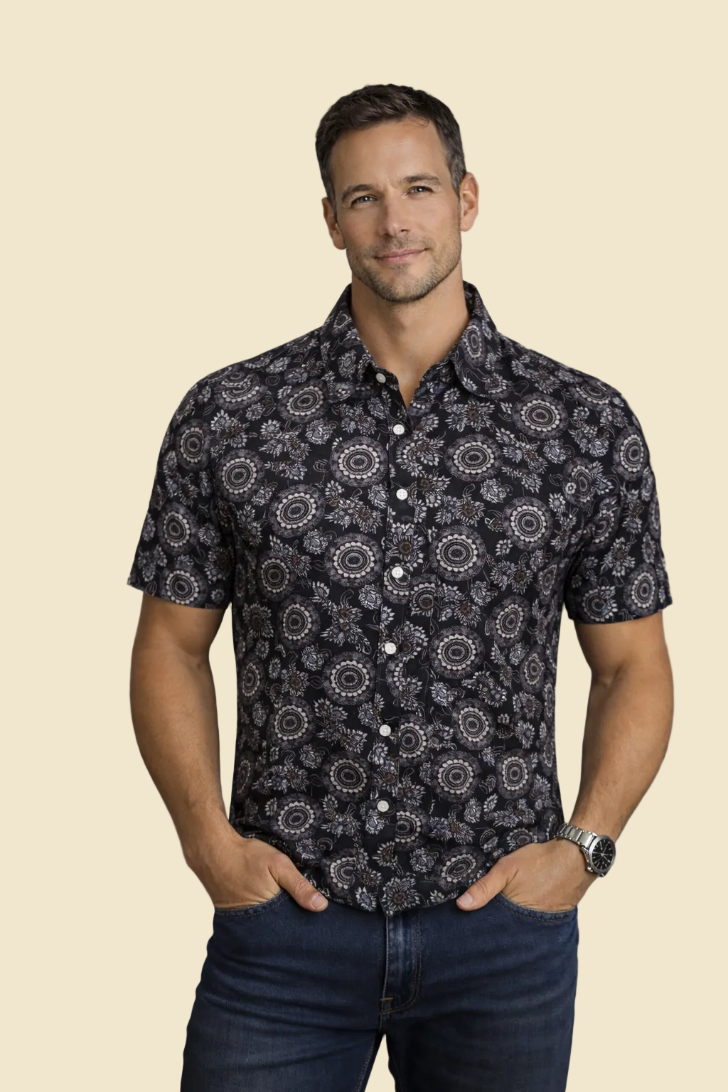 Georg Roth Los Angeles  26002 short sleeve button up Men Shirt Black Brown Fantasy Pattern