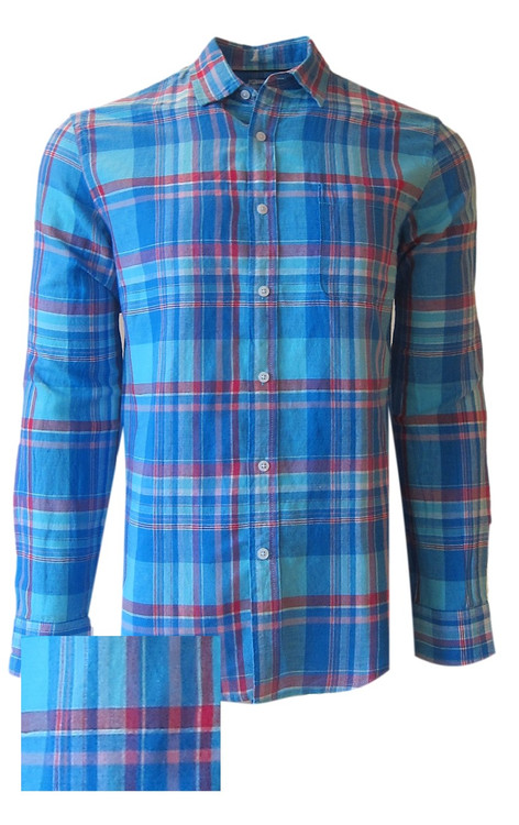 Georg Roth Los Angeles long sleeve button up Men Shirt Turquoise Plaid Linen Cotton