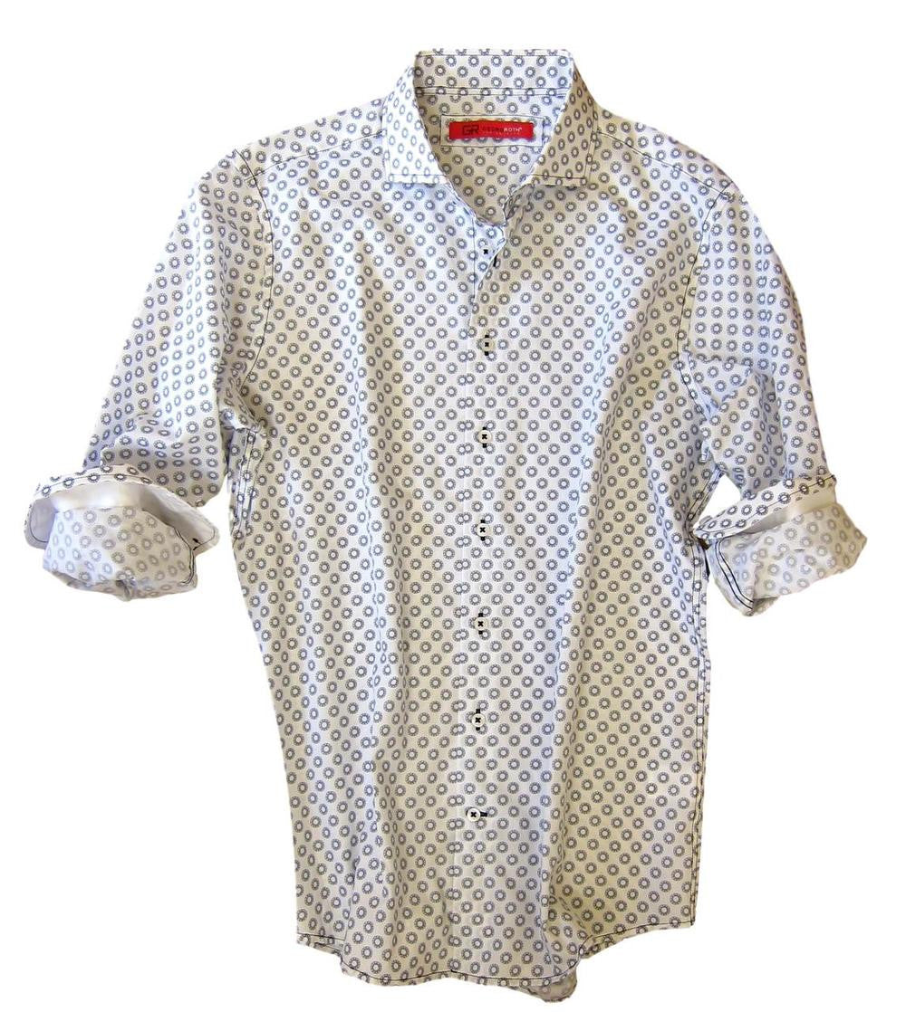 Casual and carefree....!  
You will absolutely love this midnight and white mini print.  
It is a soft cool, crisp Pima cotton fabric for comfort and easy washing.  Great with any jean or pant it will take you anywhere, anytime, day or evening.  
The sleeves having a coordinating white fabric that looks great when the cuffs are rolled.  
A perfect start for the up and coming summer season!
100% Pima Cotton