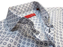 Casual and carefree....!  
You will absolutely love this midnight and white mini print.  
It is a soft cool, crisp Pima cotton fabric for comfort and easy washing.  Great with any jean or pant it will take you anywhere, anytime, day or evening.  
The sleeves having a coordinating white fabric that looks great when the cuffs are rolled.  
A perfect start for the up and coming summer season!
100% Pima Cotton