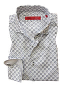 Casual and carefree....!  
You will absolutely love this midnight and white mini print.  
It is a soft cool, crisp Pima cotton fabric for comfort and easy washing.  Great with any jean or pant it will take you anywhere, anytime, day or evening.  
The sleeves having a coordinating white fabric that looks great when the cuffs are rolled.  
A perfect start for the up and coming summer season!
100% Pima Cotton