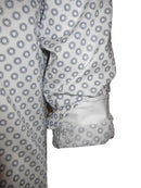 Casual and carefree....!  
You will absolutely love this midnight and white mini print.  
It is a soft cool, crisp Pima cotton fabric for comfort and easy washing.  Great with any jean or pant it will take you anywhere, anytime, day or evening.  
The sleeves having a coordinating white fabric that looks great when the cuffs are rolled.  
A perfect start for the up and coming summer season!
100% Pima Cotton