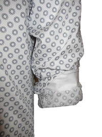 Casual and carefree....!  
You will absolutely love this midnight and white mini print.  
It is a soft cool, crisp Pima cotton fabric for comfort and easy washing.  Great with any jean or pant it will take you anywhere, anytime, day or evening.  
The sleeves having a coordinating white fabric that looks great when the cuffs are rolled.  
A perfect start for the up and coming summer season!
100% Pima Cotton