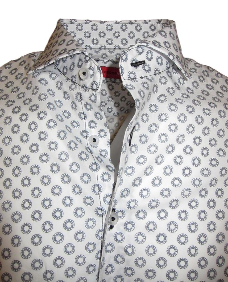 Casual and carefree....!  
You will absolutely love this midnight and white mini print.  
It is a soft cool, crisp Pima cotton fabric for comfort and easy washing.  Great with any jean or pant it will take you anywhere, anytime, day or evening.  
The sleeves having a coordinating white fabric that looks great when the cuffs are rolled.  
A perfect start for the up and coming summer season!
100% Pima Cotton