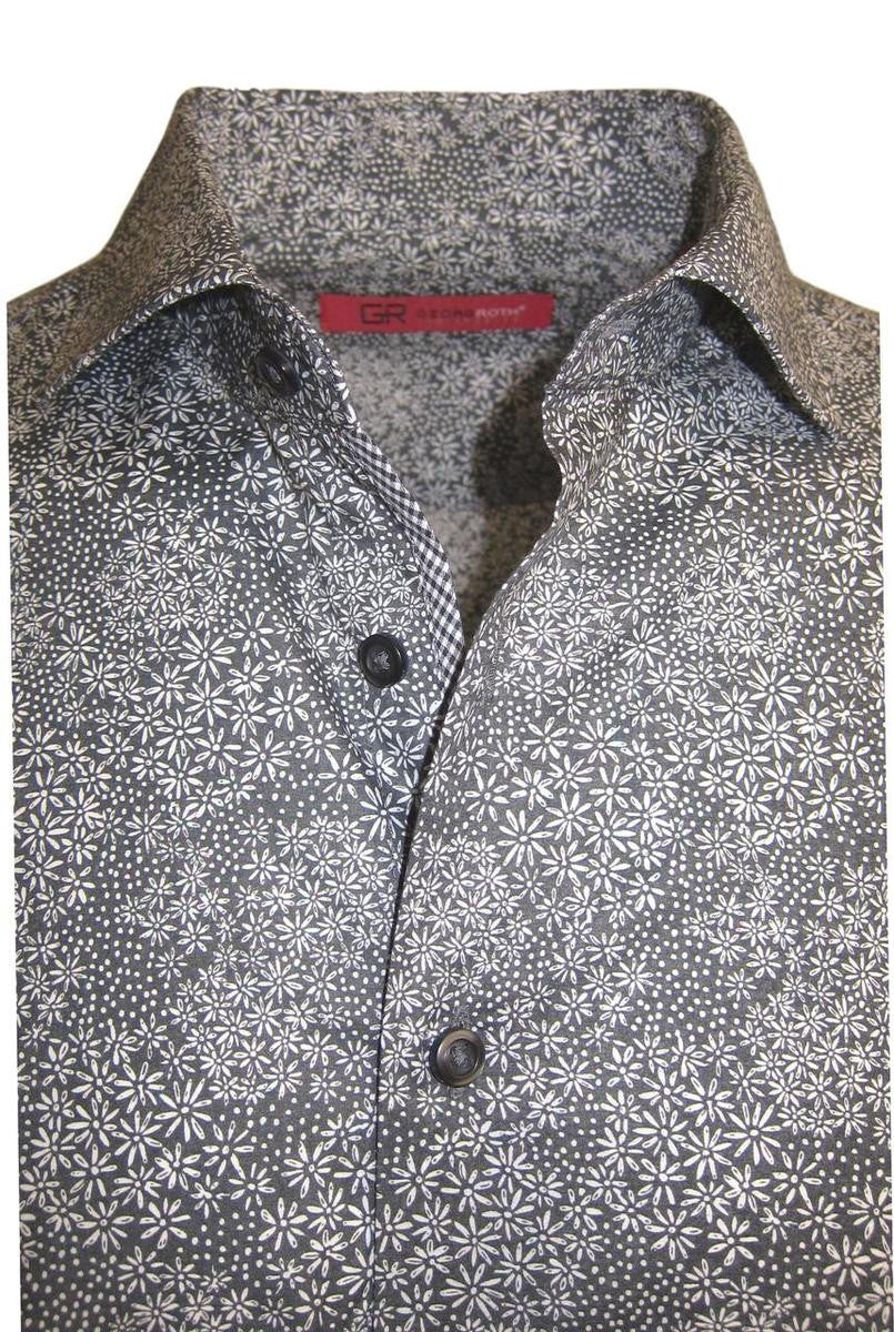 Tissue soft Pima in a rich charcoal and white floral print.  Cuffs and inner placket are trimmed with a mini black and white check making this a fantastic look with denim for dress with a jacket or on its own with the Georg Roth roll of the sleeves.
100% Pima Cotton