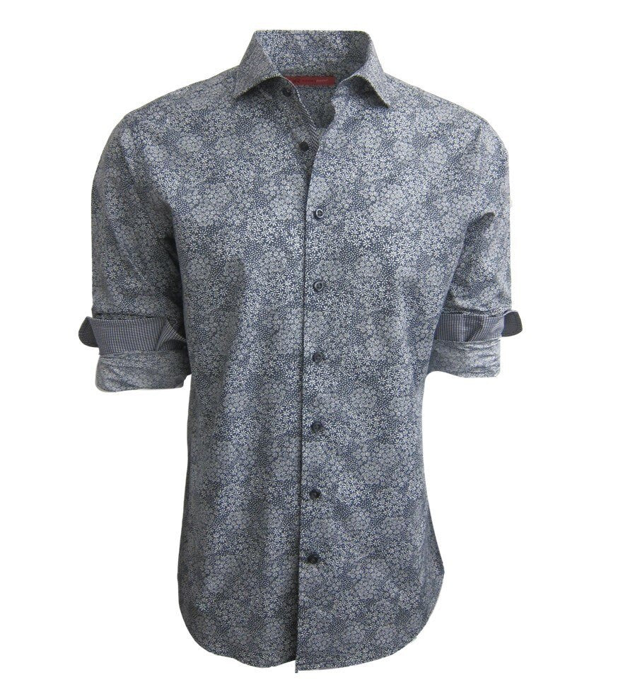 Tissue soft Pima in a rich charcoal and white floral print.  Cuffs and inner placket are trimmed with a mini black and white check making this a fantastic look with denim for dress with a jacket or on its own with the Georg Roth roll of the sleeves.
100% Pima Cotton