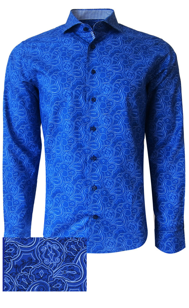 Sophisticated Luxe fine 100% Pima Cotton woven shirt for dress or casual!   
A rich &amp; royal Liberty print paisley that goes with so much.
Dress it up or sporty with the Georg Roth roll. 
The mini royal hounds tooth contrast in the collar stand and cuffs, when rolled, and down the front placket add that special complimentary touch that Georg Roth shirts are known for. 
1 Breast pocket 
Machine wash cold hang to dry or dry clean 