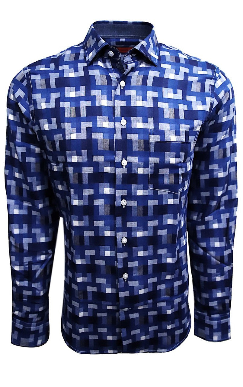 Georg Roth Los Angeles long sleeve button up Men Shirt blue woven pattern