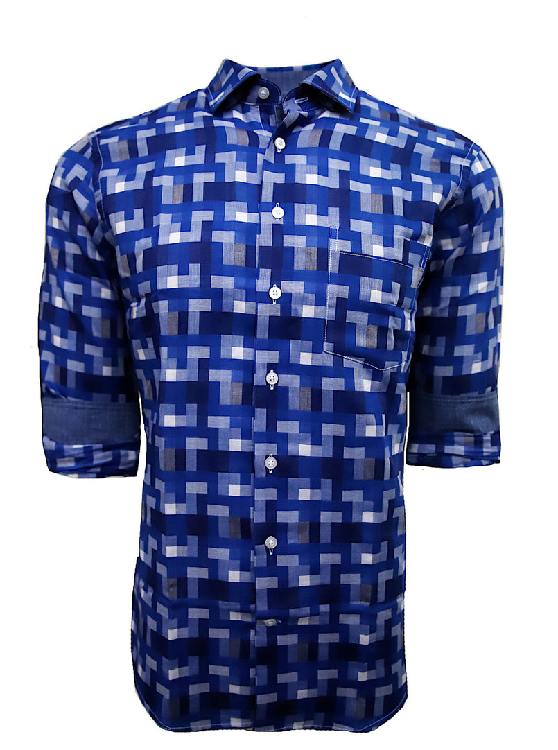 Georg Roth Los Angeles long sleeve button up Men Shirt blue woven pattern