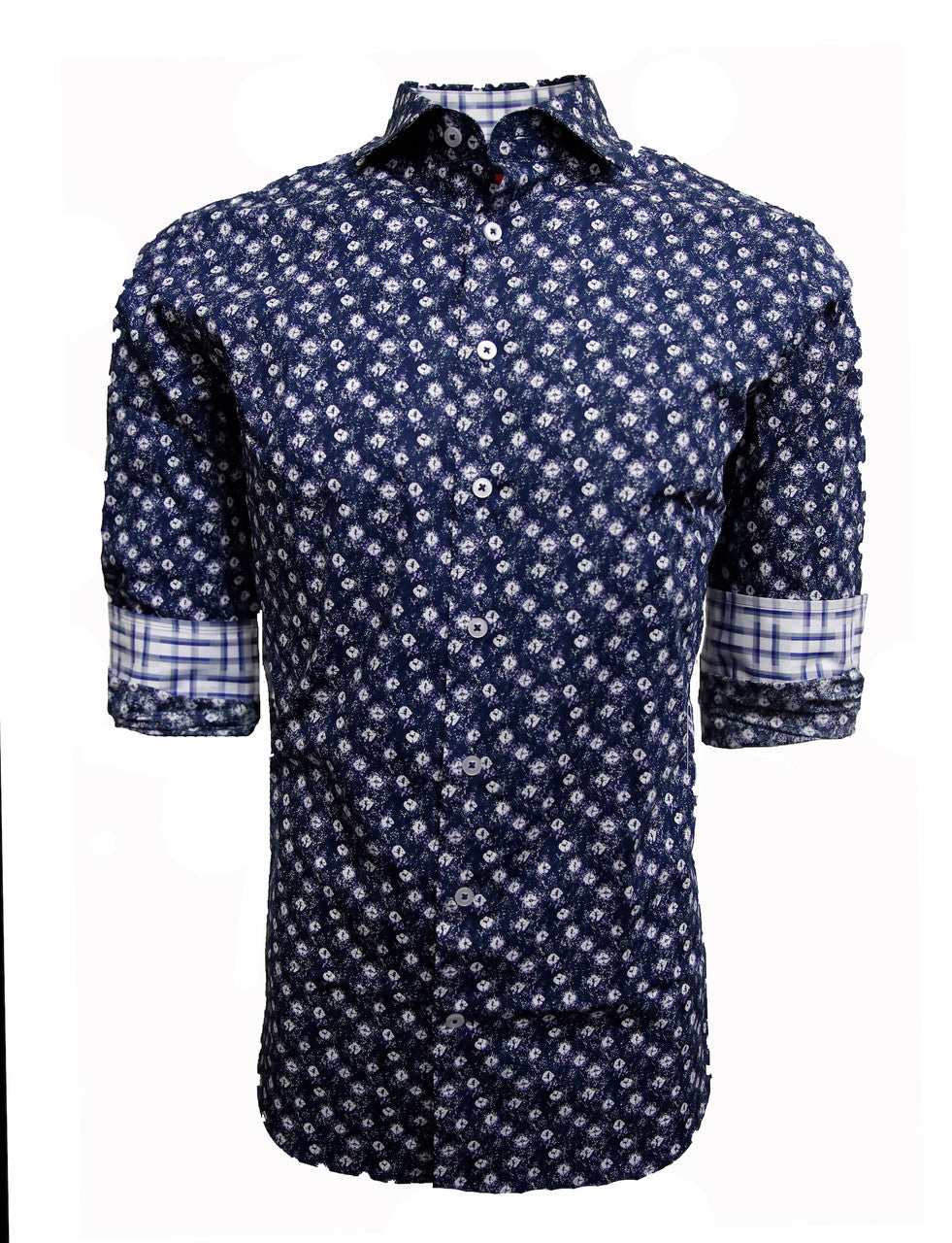 Known for our prints, this exclusive eye catching print is curated on our soft pima cotton. A stunning shade of indigo blue with white pattern is coordinated with a rich white, navy &amp; grey plaid inside the collar stand and cuffs. Looks terrific with the sleeves down or with the Georg Roth roll showing the handsome cuff detail.
100% Cotton
Machine wash cold hang to dry or dry clean 
