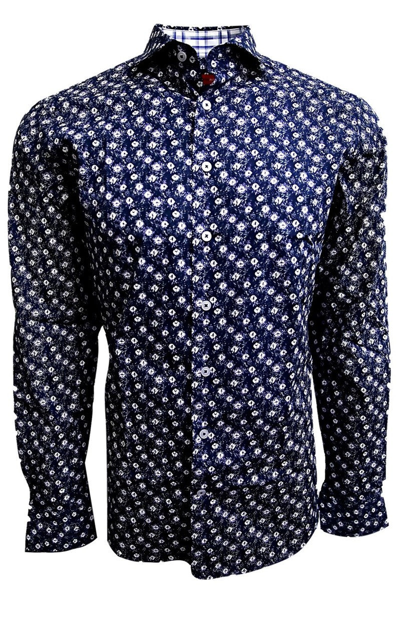 Known for our prints, this exclusive eye catching print is curated on our soft pima cotton. A stunning shade of indigo blue with white pattern is coordinated with a rich white, navy &amp; grey plaid inside the collar stand and cuffs. Looks terrific with the sleeves down or with the Georg Roth roll showing the handsome cuff detail.
100% Cotton
Machine wash cold hang to dry or dry clean 
