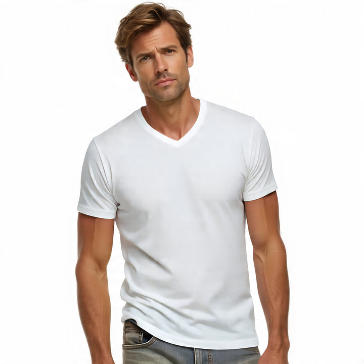 Luxury V-Neck Short Sleeves Pima Cotton Mens T-Shirt White TVSS-1013