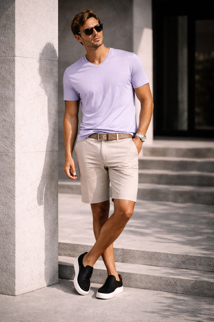 Luxury V-Neck Short Sleeves Pima Cotton Mens T-Shirt Garment Dyed Lilac TVSS-4301