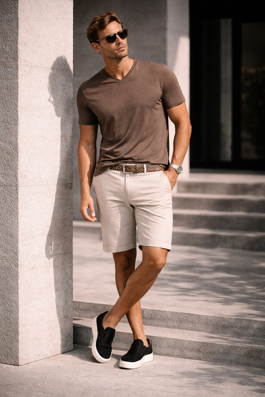 Luxury V Neck Short Sleeves Pima Cotton Mens T-Shirt TVSS-8101 Coffee Garment Dyed