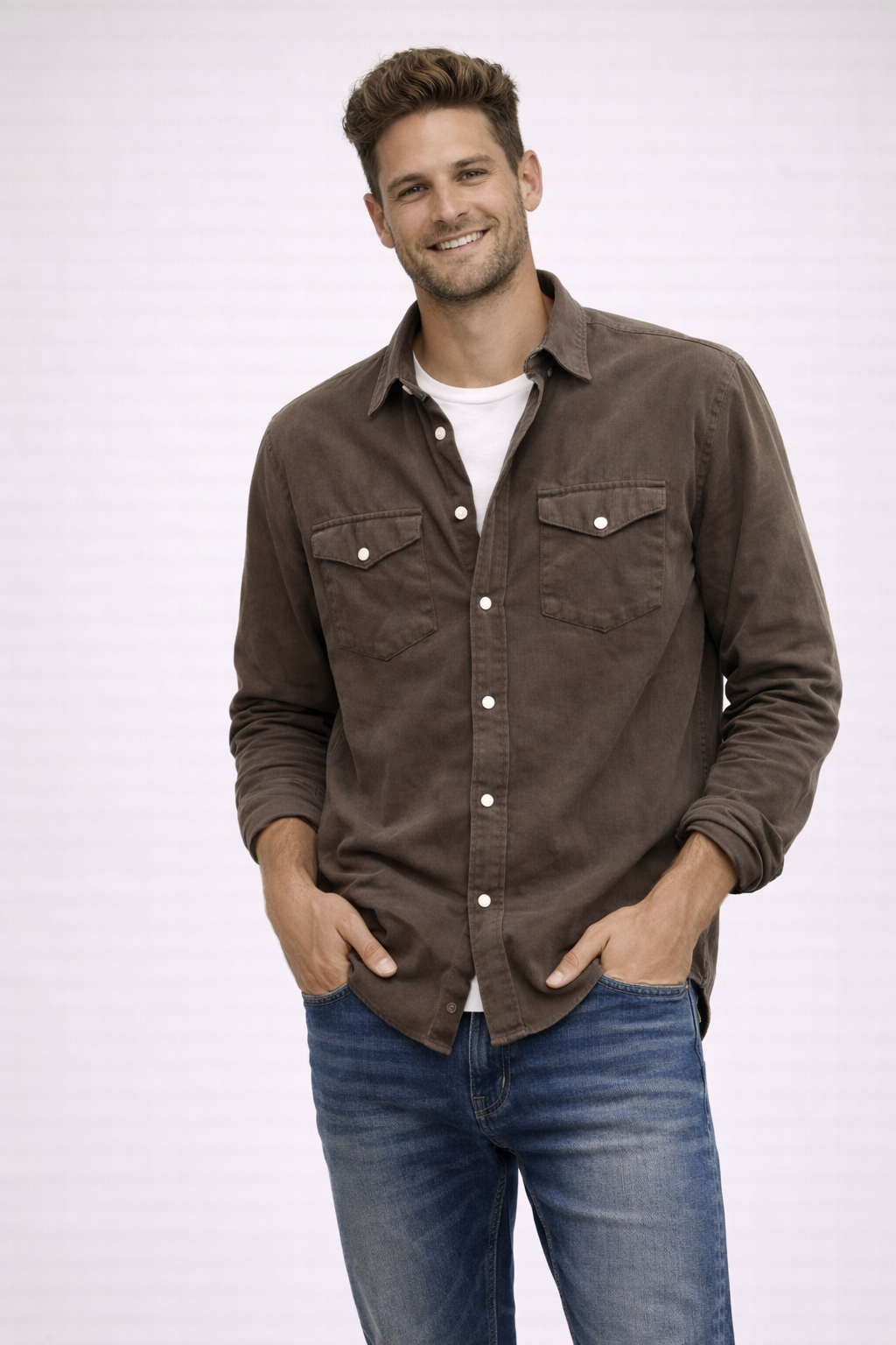 Tiki Napoli - Baby Cord Button Down - 700 Chocolate Brown